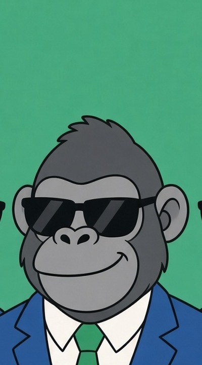 Gorilla in a blue suit smiling, holding a black Solana coin.