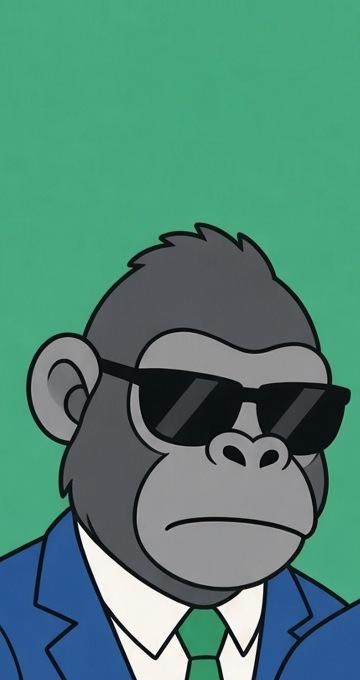 Gorilla in a blue suit and sunglasses, frowning, pointing to the right.