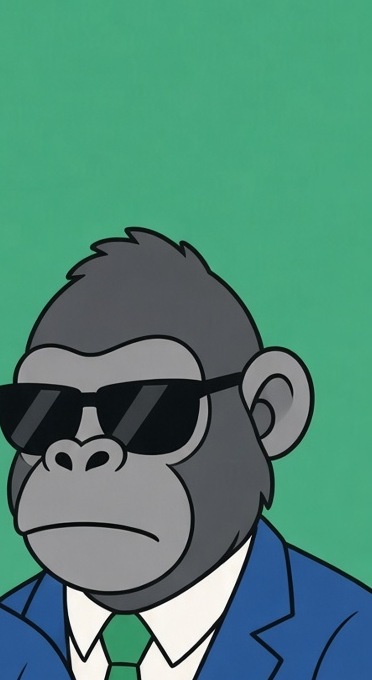 Gorilla in a blue suit and sunglasses, frowning, pointing to the left.